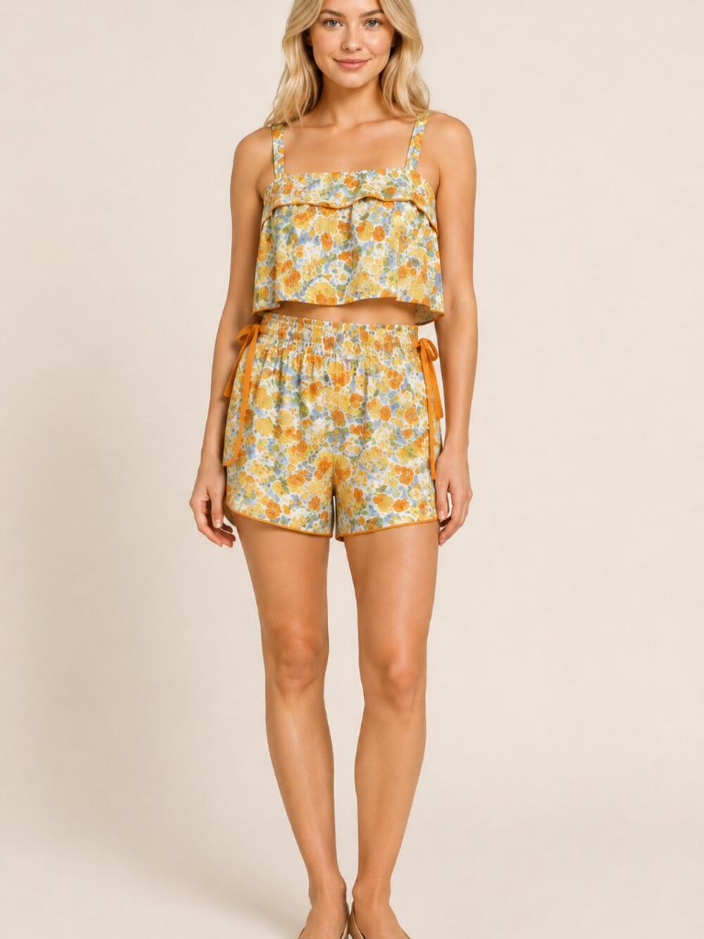 MABLE Anthropologie 2 Piece Floral Crop Top Shorts Set Size L Orange Blue NEW